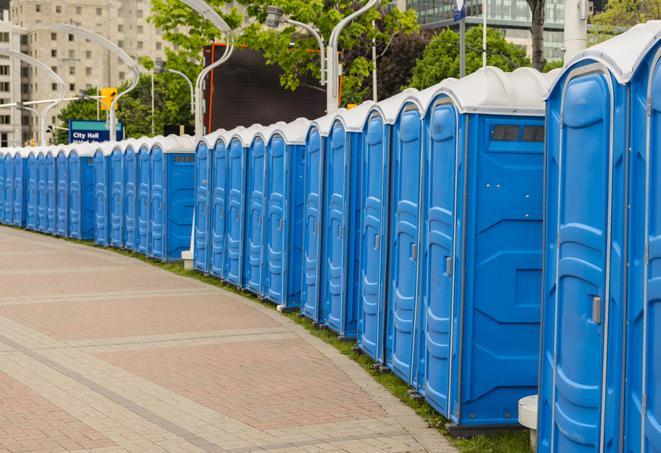 multiple portable restrooms in a neat and tidy row in Beach Park IL